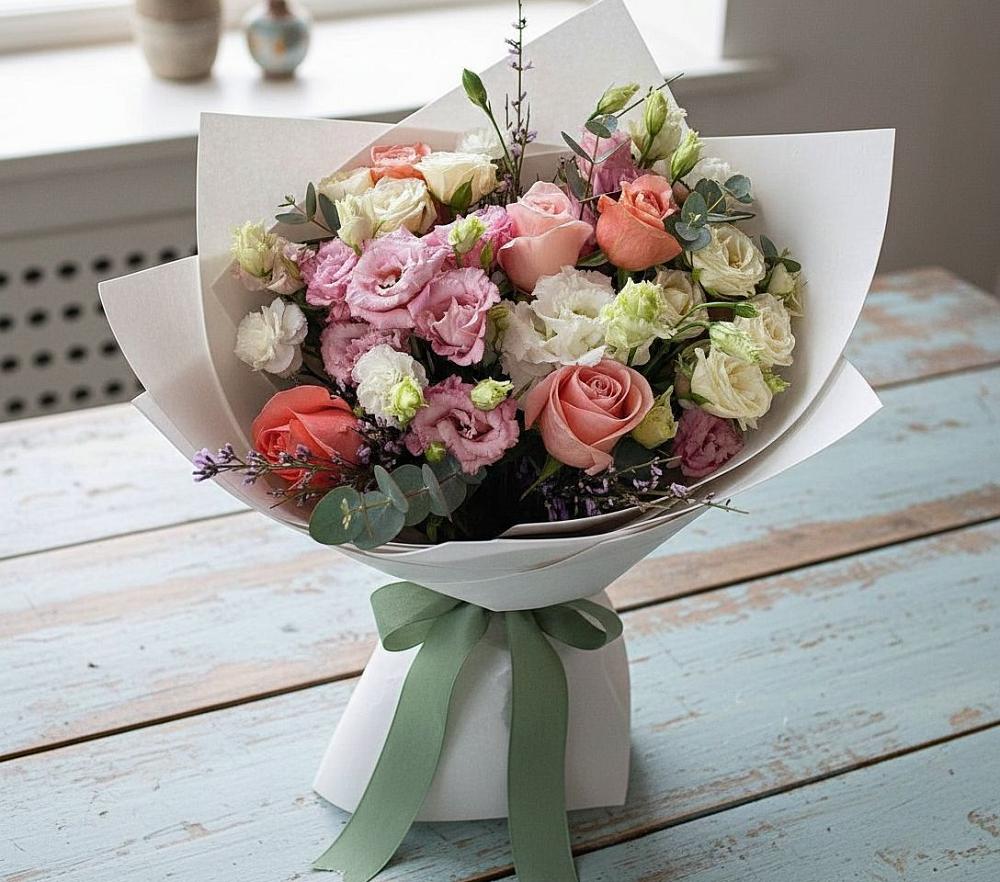 Букет цветов из: Розы, Лизиантусы и Гвоздики в Пензе